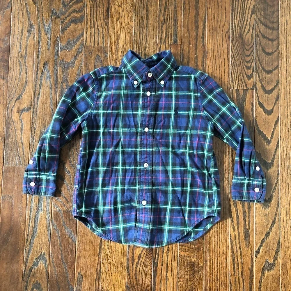 Ralph Lauren Boys 2/2T Navy Blue/Red/Green Plaid 100% Cotton Button-Down Shirt